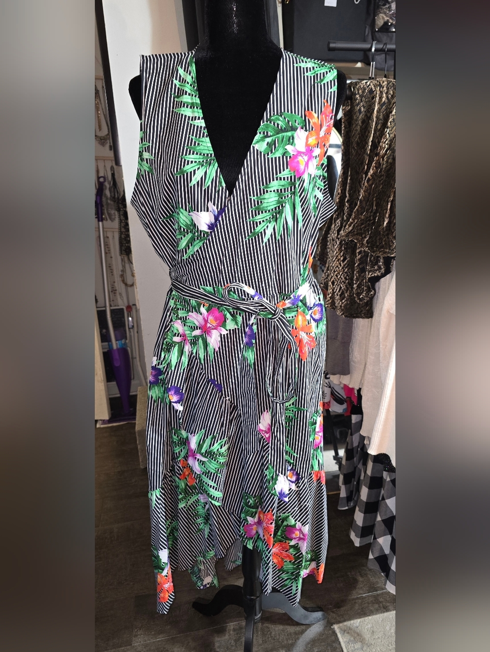 NWT Who What Wear Black & White Striped Floral Wrap High-low Maxi Dress Sz XXL
